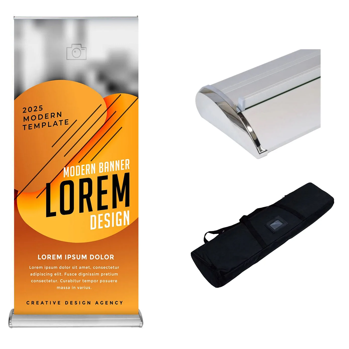 Deluxe retractable banner stand with a printed banner, chrome end caps and carry bag
