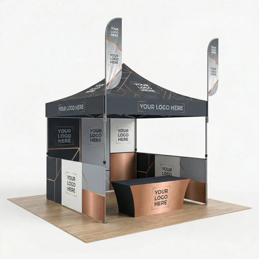 10x10 canopy tent with a printed back wall, half side walls, feather flags and a stretch table cover, shown with placeholder logo artwork