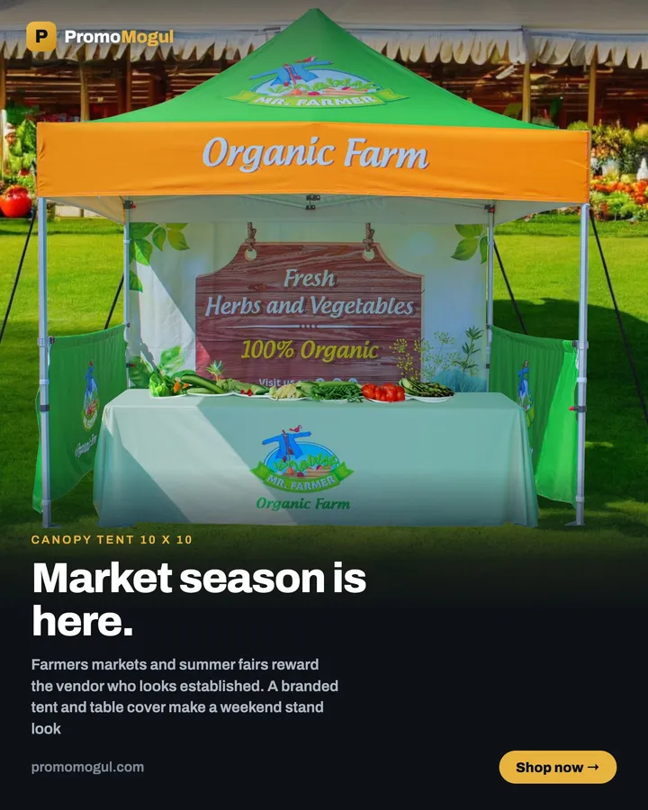 A printed 10 x 10 canopy tent and table cover for a farmers market stand