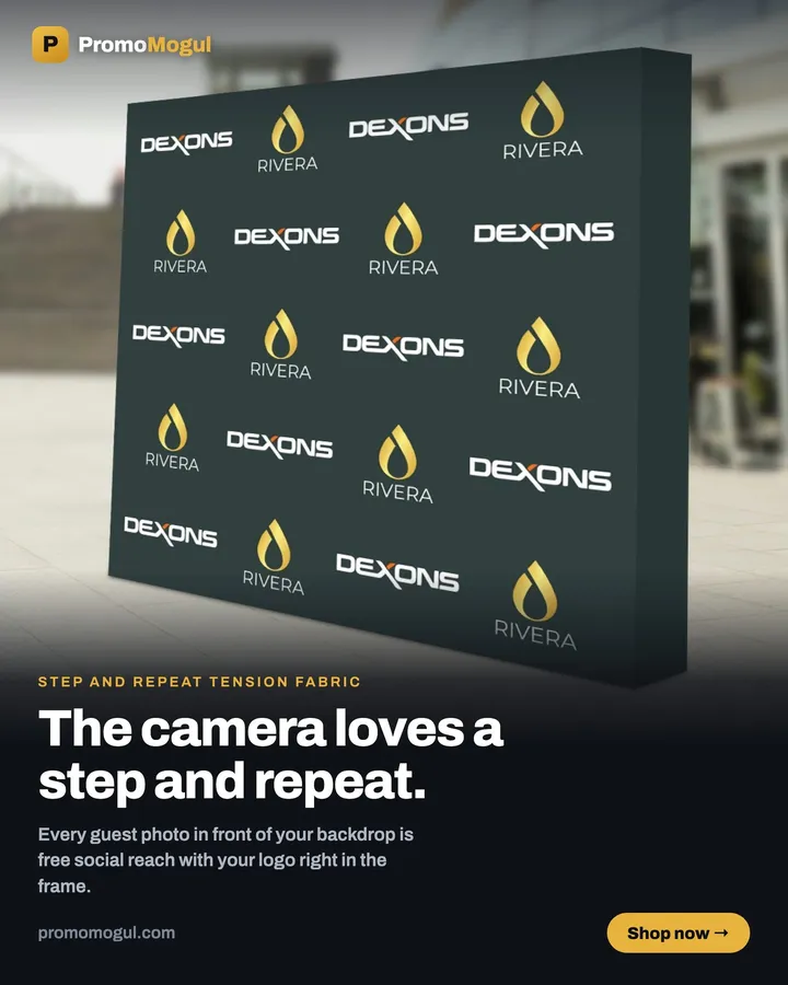A step and repeat tension fabric backdrop printed with repeating sample logos