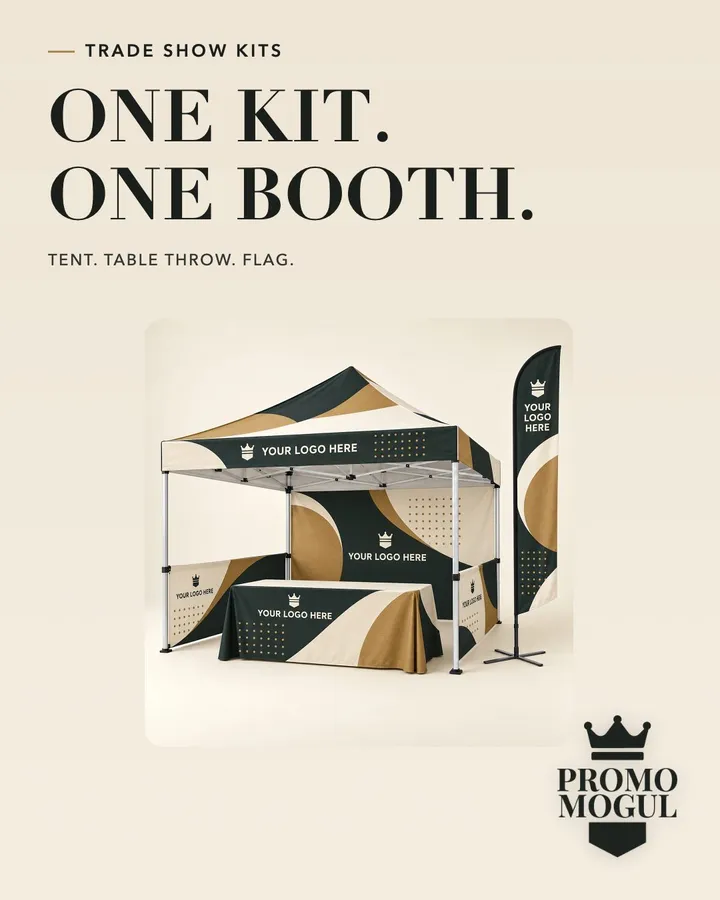 One kit, one booth: a matching printed tent, table throw and flag