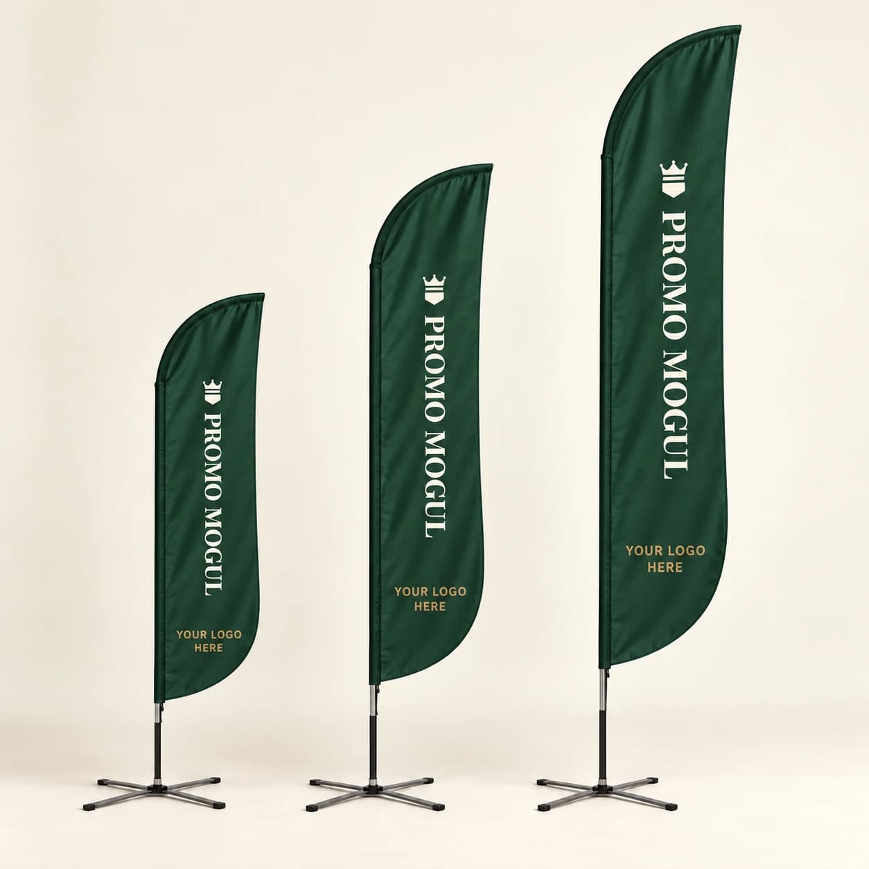 Custom feather flags in Mogul Green with PromoMogul logo and your logo here print area