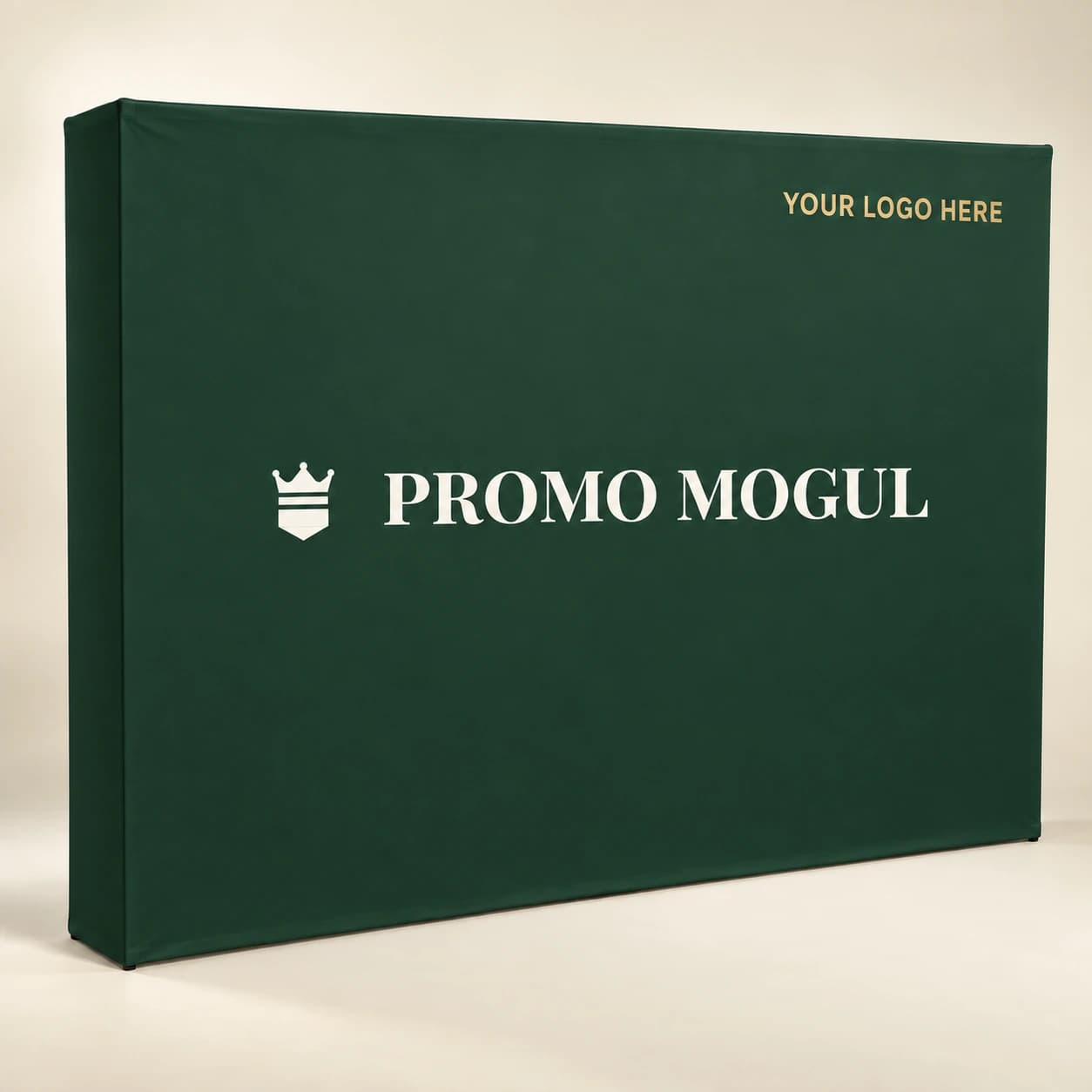 Straight pop up backdrop printed with the PromoMogul logo, shown as a sample design