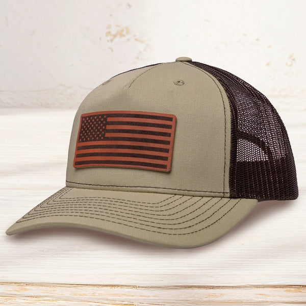 Custom laser engraved leather patch trucker hat - premium snapback - PromoMogul