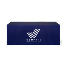 Custom logo fitted tablecloth front view - 4, 6, and 8 ft sizes available