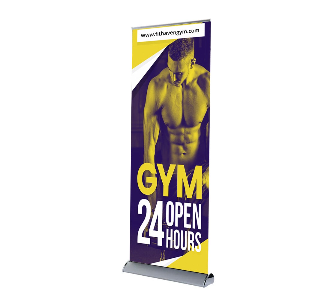 Deluxe wide base roll up banner stand front view
